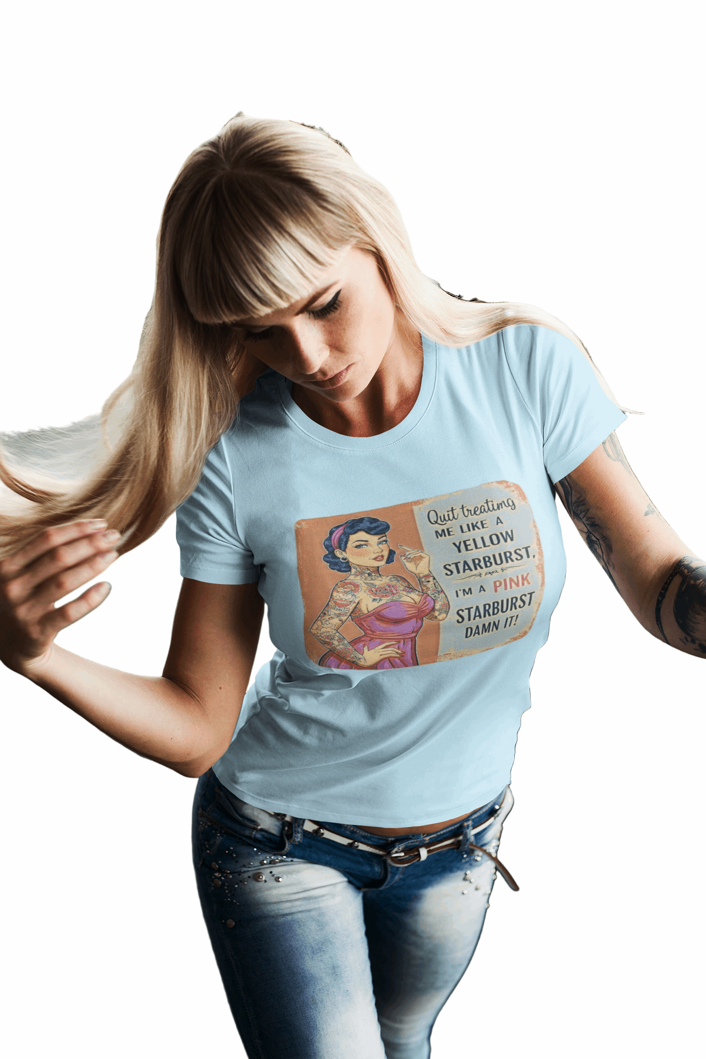 Vintage Tattooed Pin Up Pink Starburst Slim Fit Graphic Tee