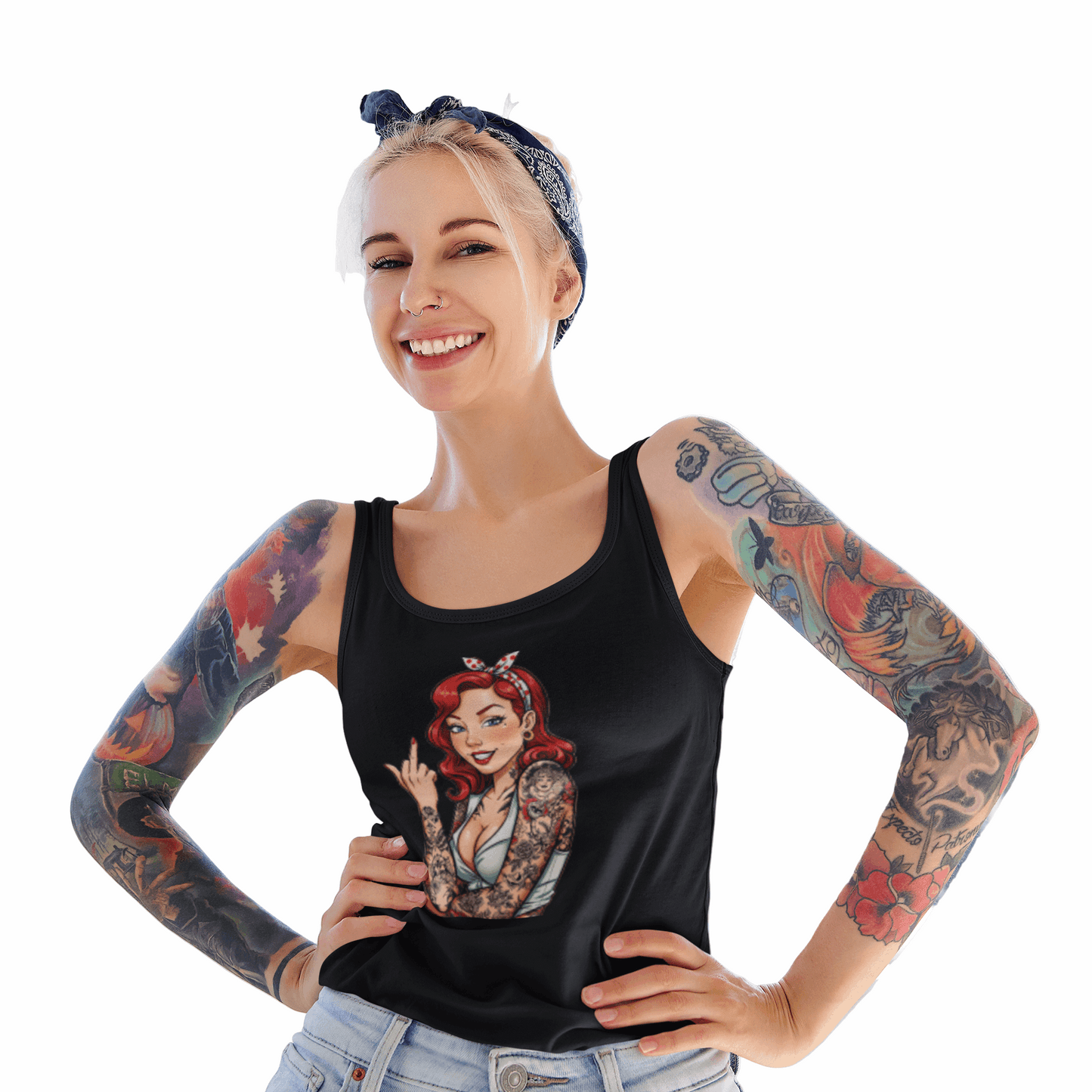 Vintage Tattooed Pin Up With Middle Finger Racerback Tank