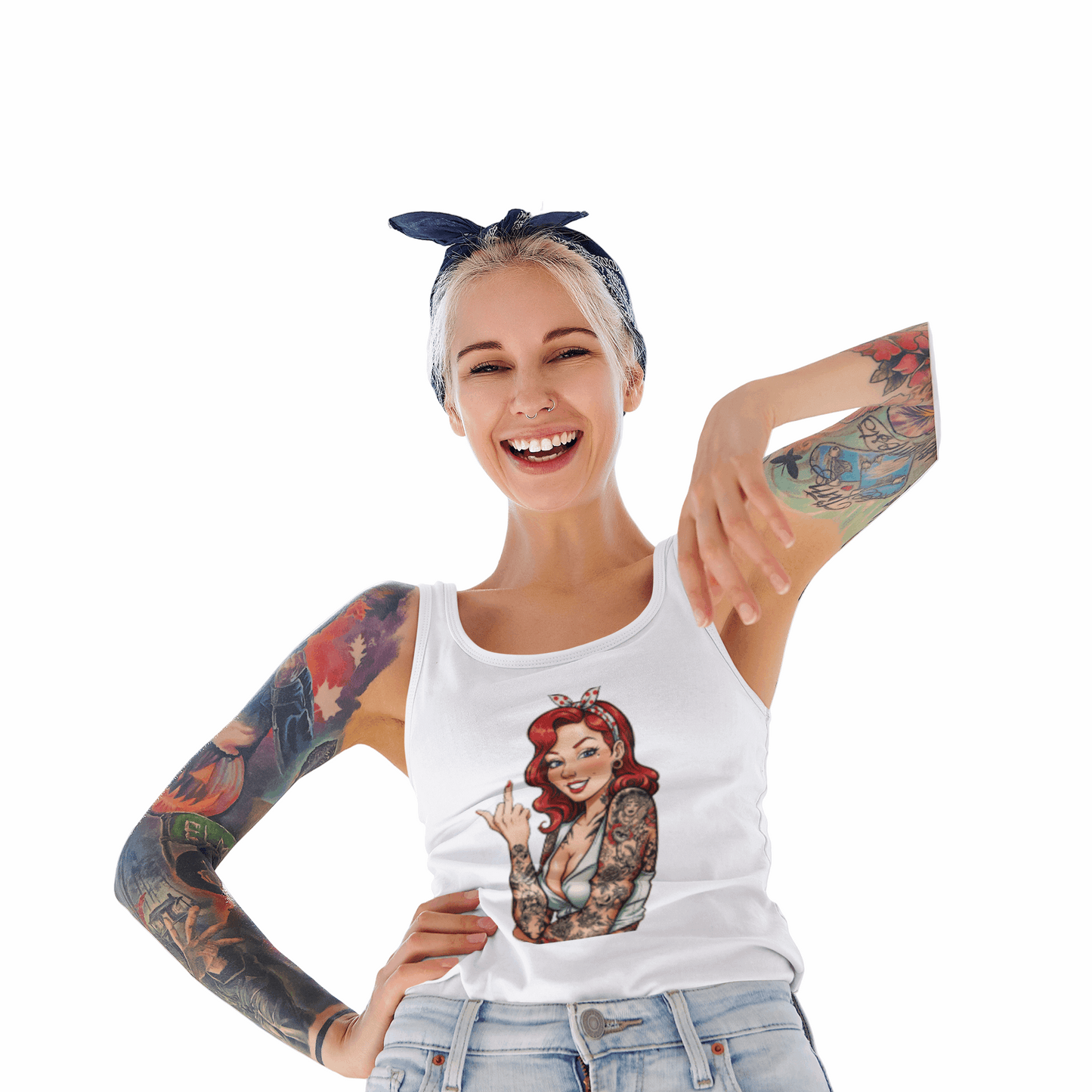Vintage Tattooed Pin Up With Middle Finger Racerback Tank